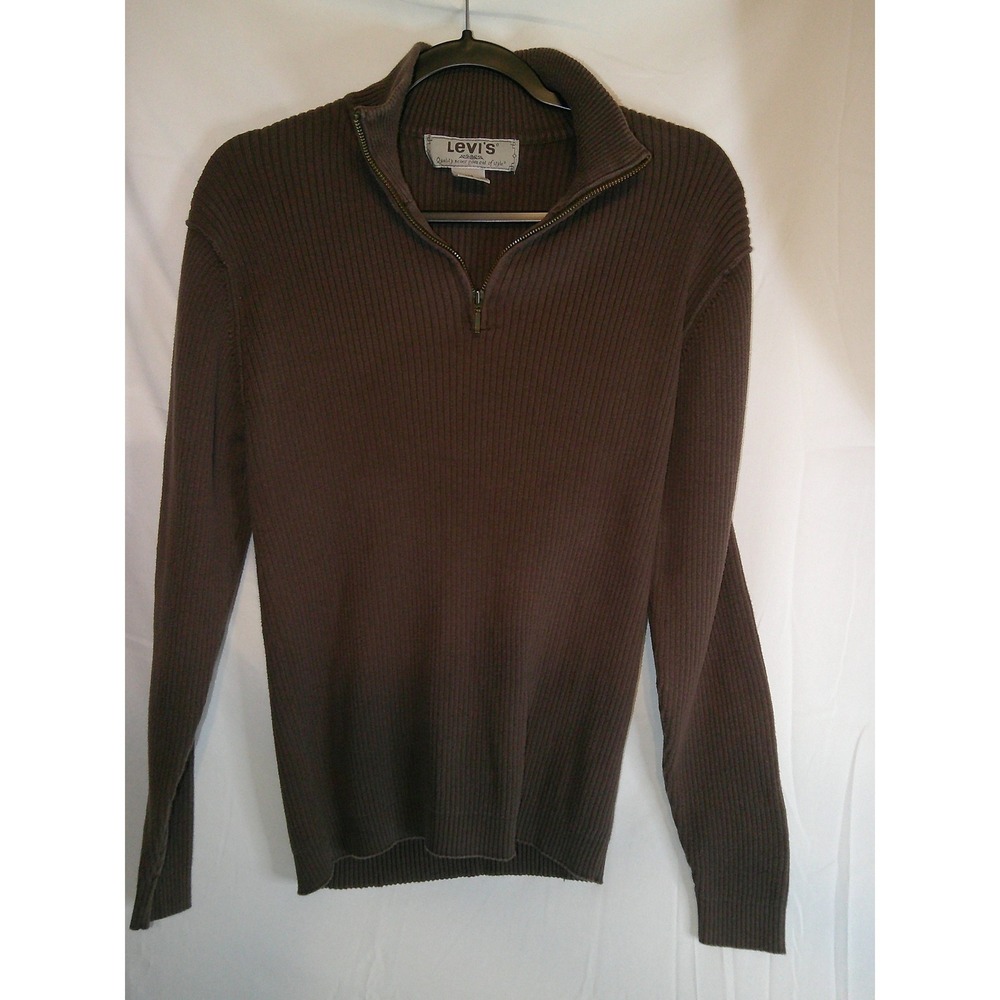 Vintage Levi's Mens Quarter Zip Pullover Sweater Brown Ribbed Knit‎ Mock Neck